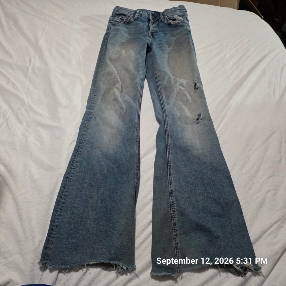 Rockin' C Womens Blue Distressed Flare Leg Button Fly Denim Jeans Size 27
